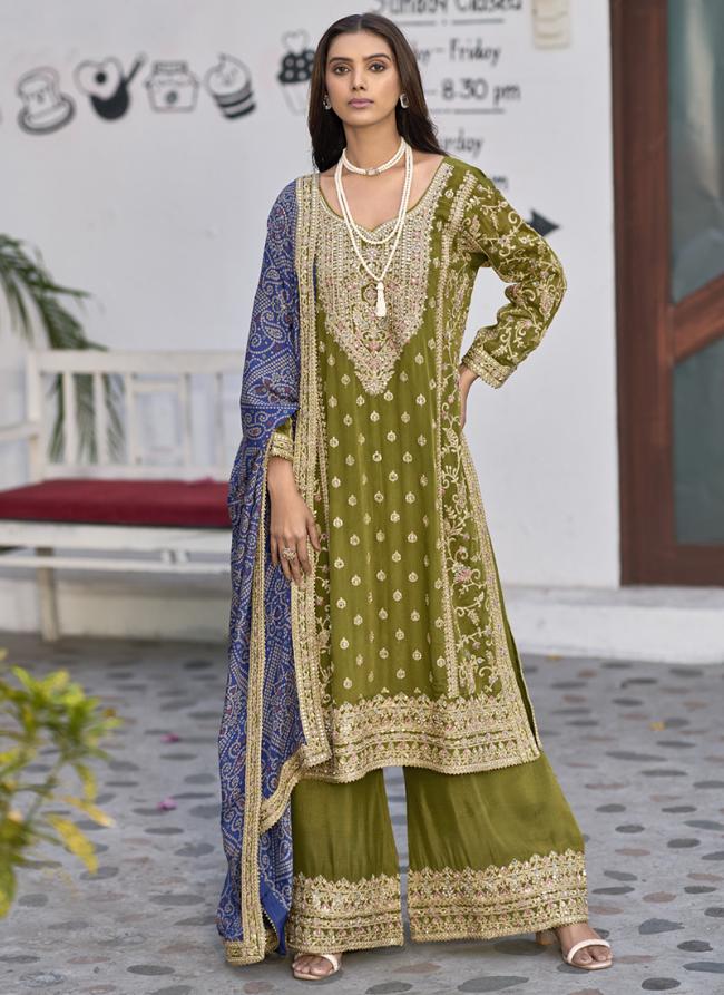 Real Chinnon Green Party Wear Embroidery Work Readymade Plazzo Suit